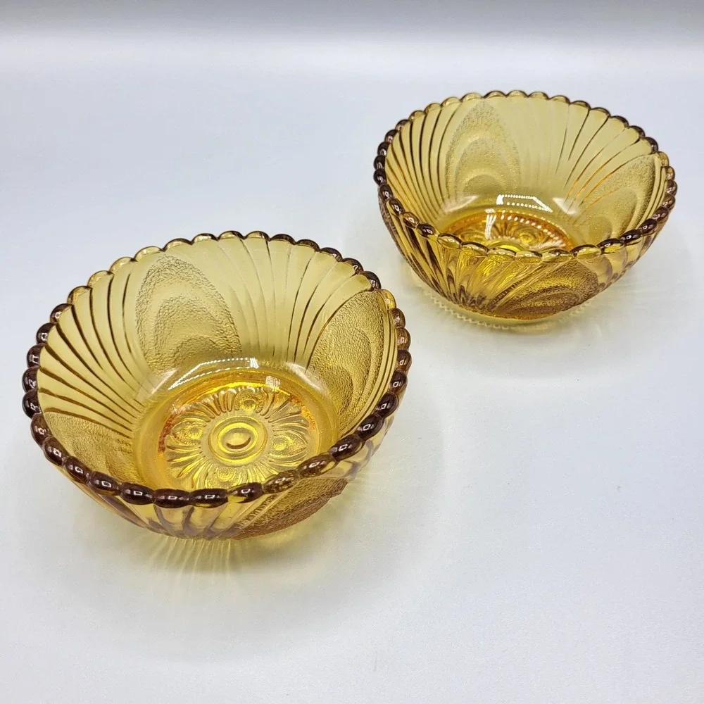 Vtg Amber Glass Dessert Bowls Set Of 2 Scalloped Edge Pressed Glass